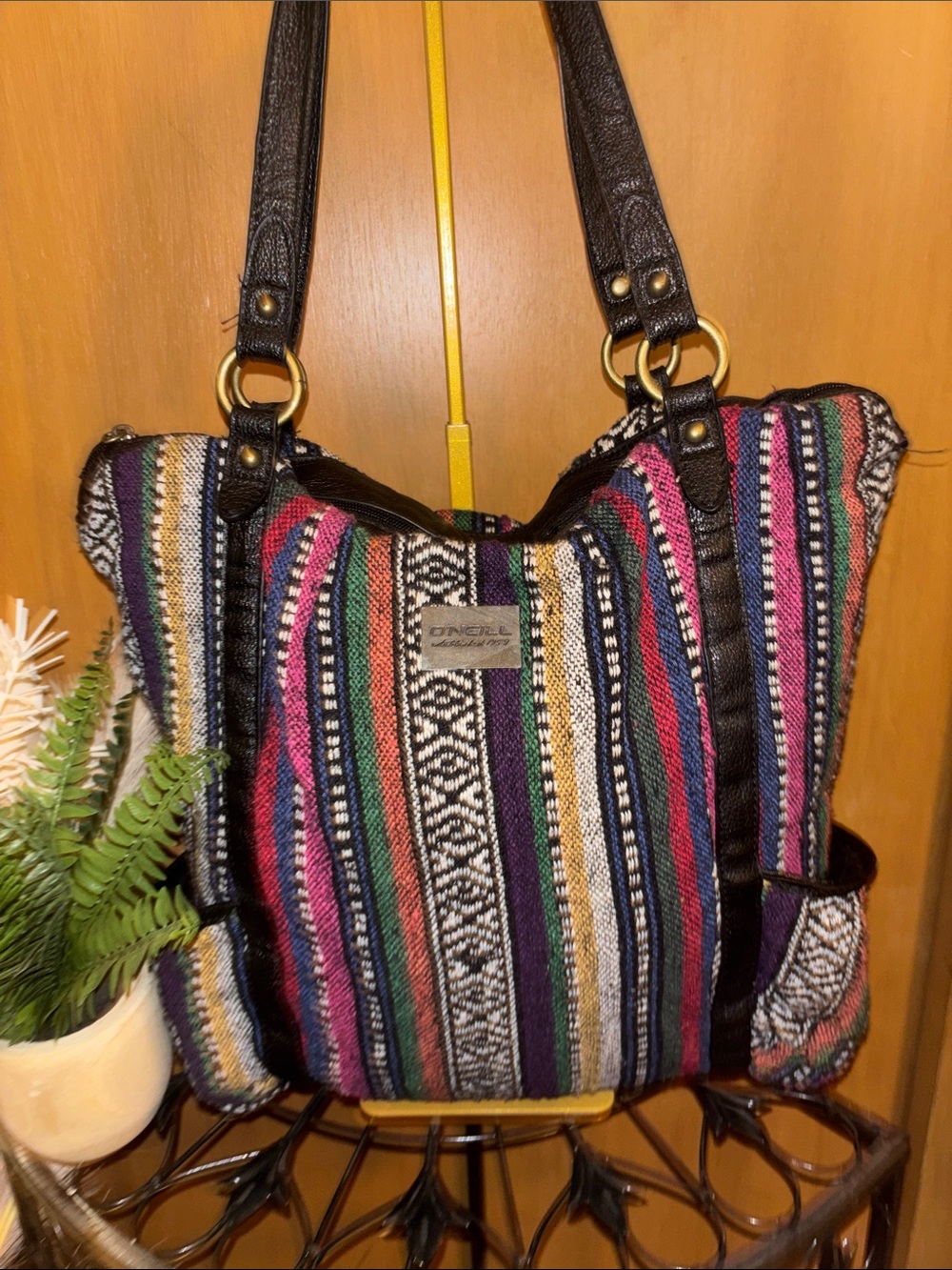 O'Neill Multicolor Striped Woven Shoulder Bag with Black Trim